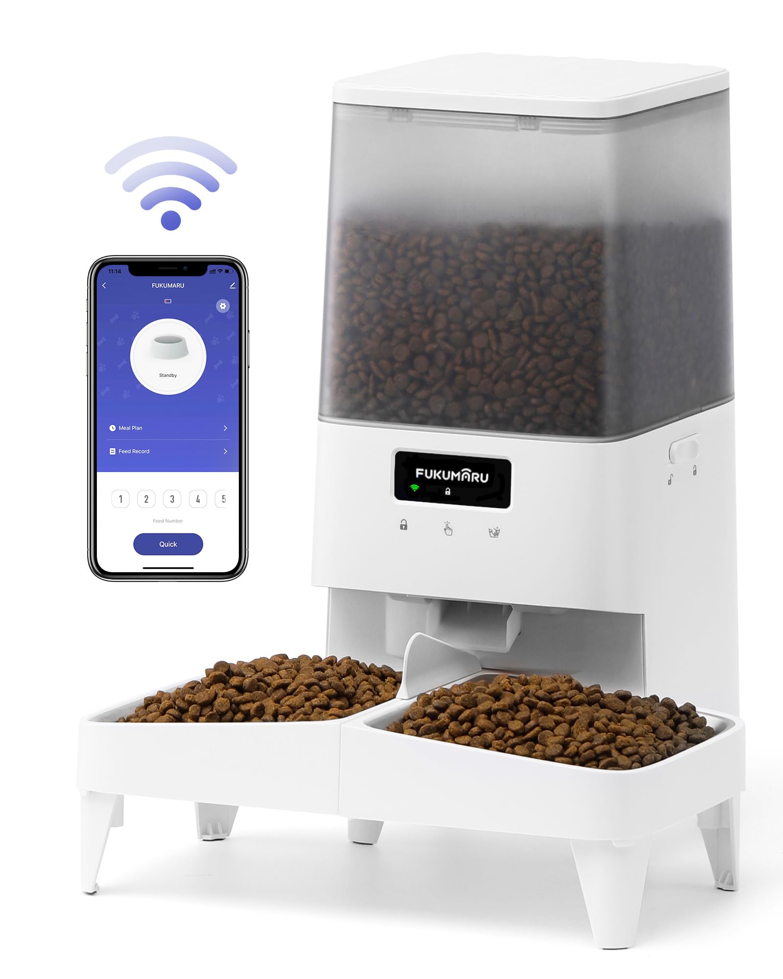 FUKUMARU Comedero Gato Automatico WiFi, 5L Dispensador Comida para Gatos/Perros con Cuencos Dobles elevados, Horario de Alimentación programable, Alimentado por batería y Eléctrico con Cable,Blanco