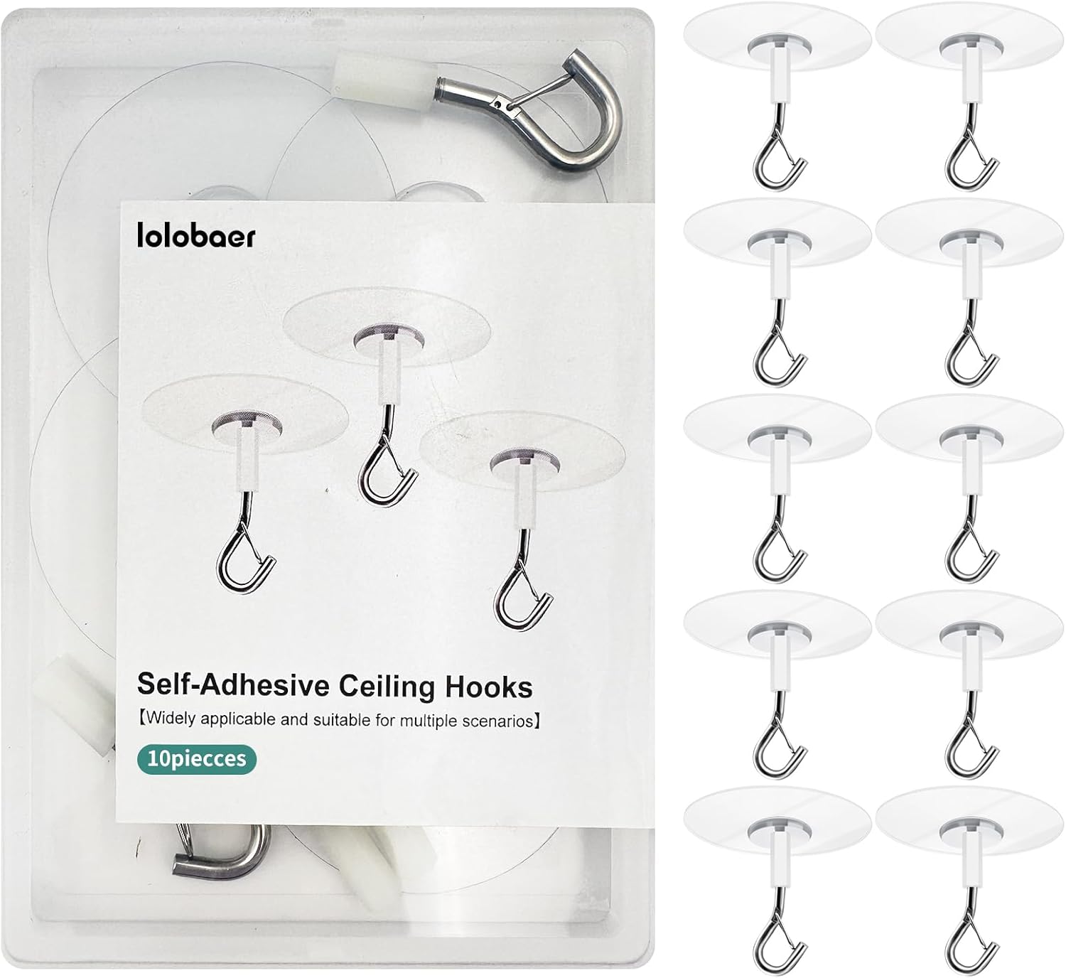 10 Pack Strong Self-Adhesive Ceiling Hooks,No Drill Safety Lock Hangers for Fans/Plants/Lights, Kitchen Bathroom Office Storage & Wall Decor