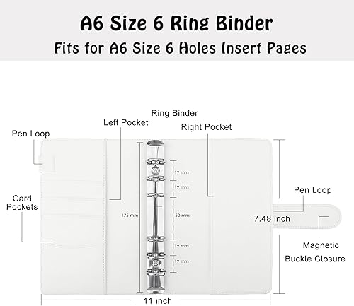 Vista 88 de Antner - Archivador de piel sintética con 6 anillos, para papel de tamaño A6, agenda personal con hojas sueltas y cubierta con cierre magnético