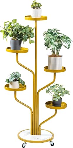 CHPHI Soporte de 5 niveles para plantas de interior de hierro forjado, soporte alto de metal para plantas con ruedas, estante de metal con 5