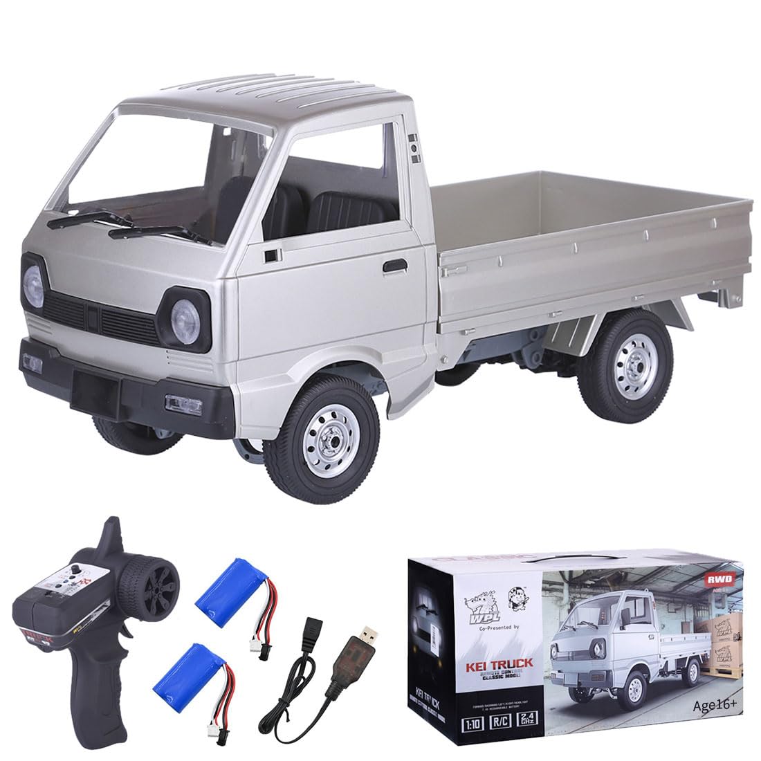 TBRICKFUNR RC Truck, WPL D12 1/10 Scale 2.4Ghz Remote Control Mini Cargo Truck with LED Light and Double Batteries, Gift for Enthusiasts