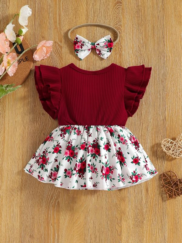 Image of Niren Enterprise FIREFINCH Baby Girls Modal and KitKat Bow Surface Style Floral Printed Maroon Color Short Sleeve Baby Girl Frock (FIREFINCH, 6-12)