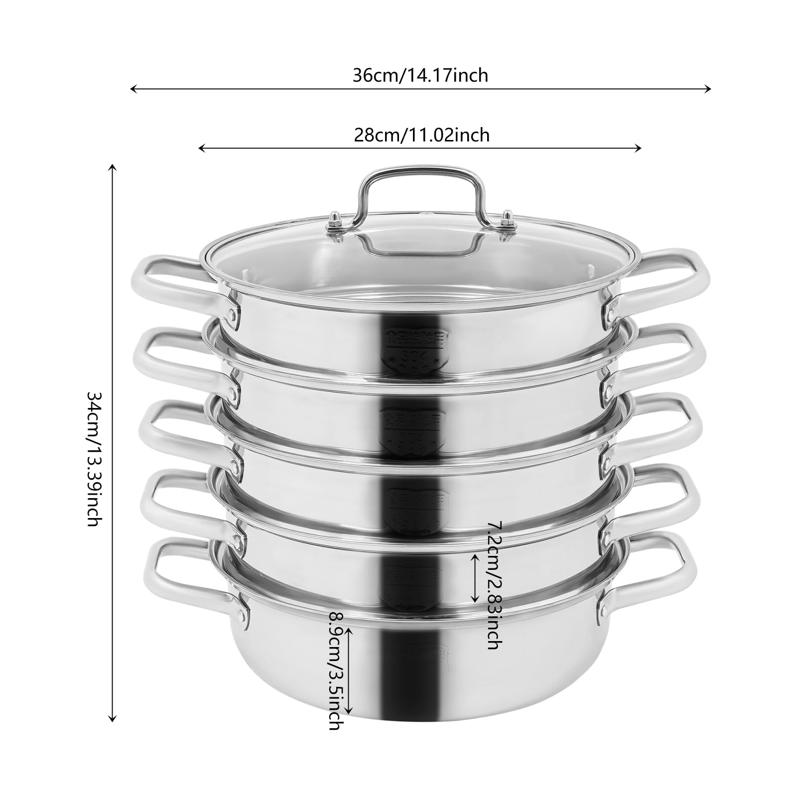 Fornello a vapore a 5 ripiani, pentola a vapore in acciaio inox con coperchio in vetro, pentola a pressione, per fornelli a gas, a induzione, fornelli elettrici (argento 28 cm)