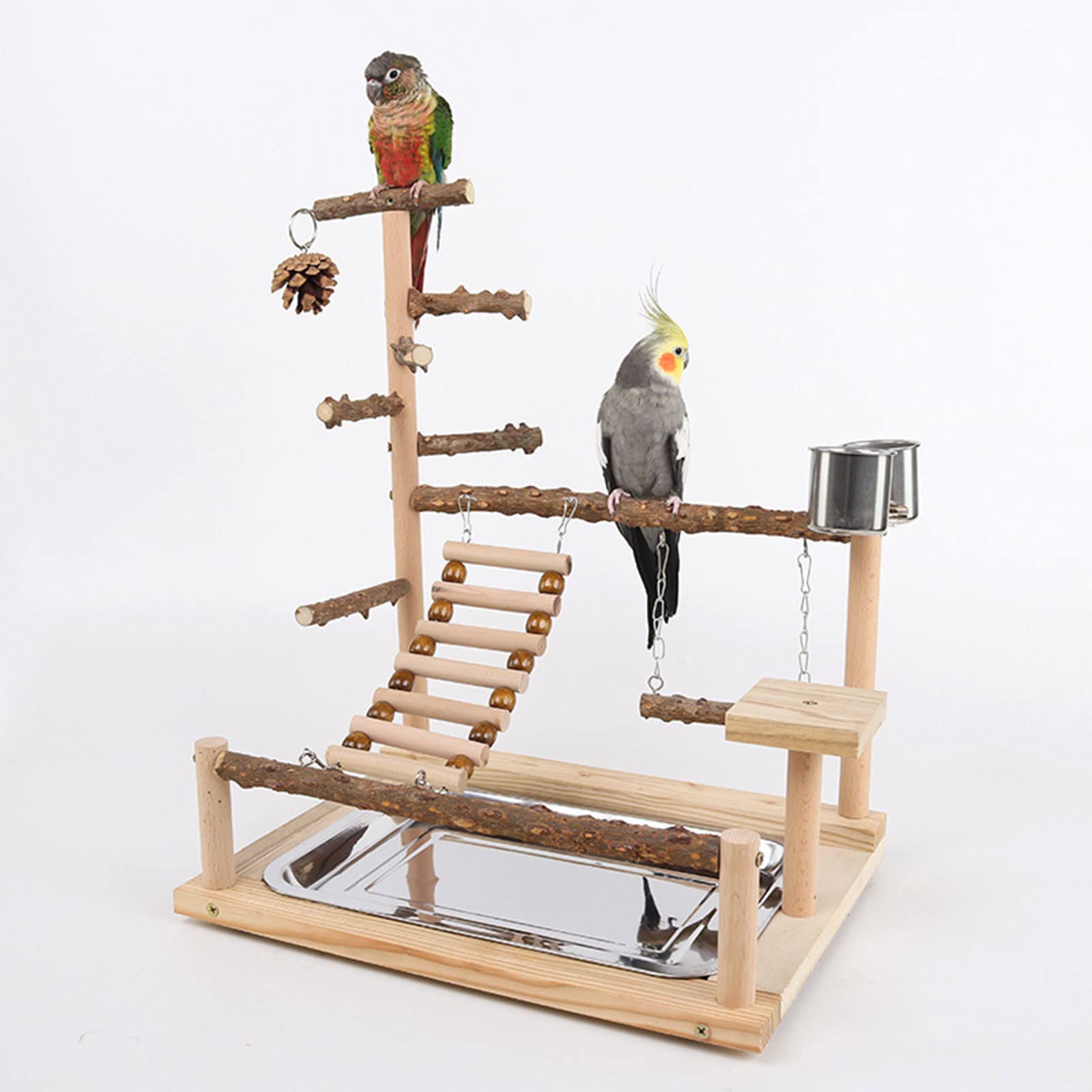 Supporto per pappagalli per animali domestici, pappagalli, uccelli, uccelli, giochi, scaletta in legno con mangiatoia in acciaio, supporto per pappagalli per uccelli grandi, supporto per