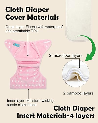 Miniatura 2 de ALVA BABY 6BMR02 - Pañales de tela de franela para bebé, paquete de 6 con 12 inserciones, ajustables, lavables, reutilizables, para bebés y niños