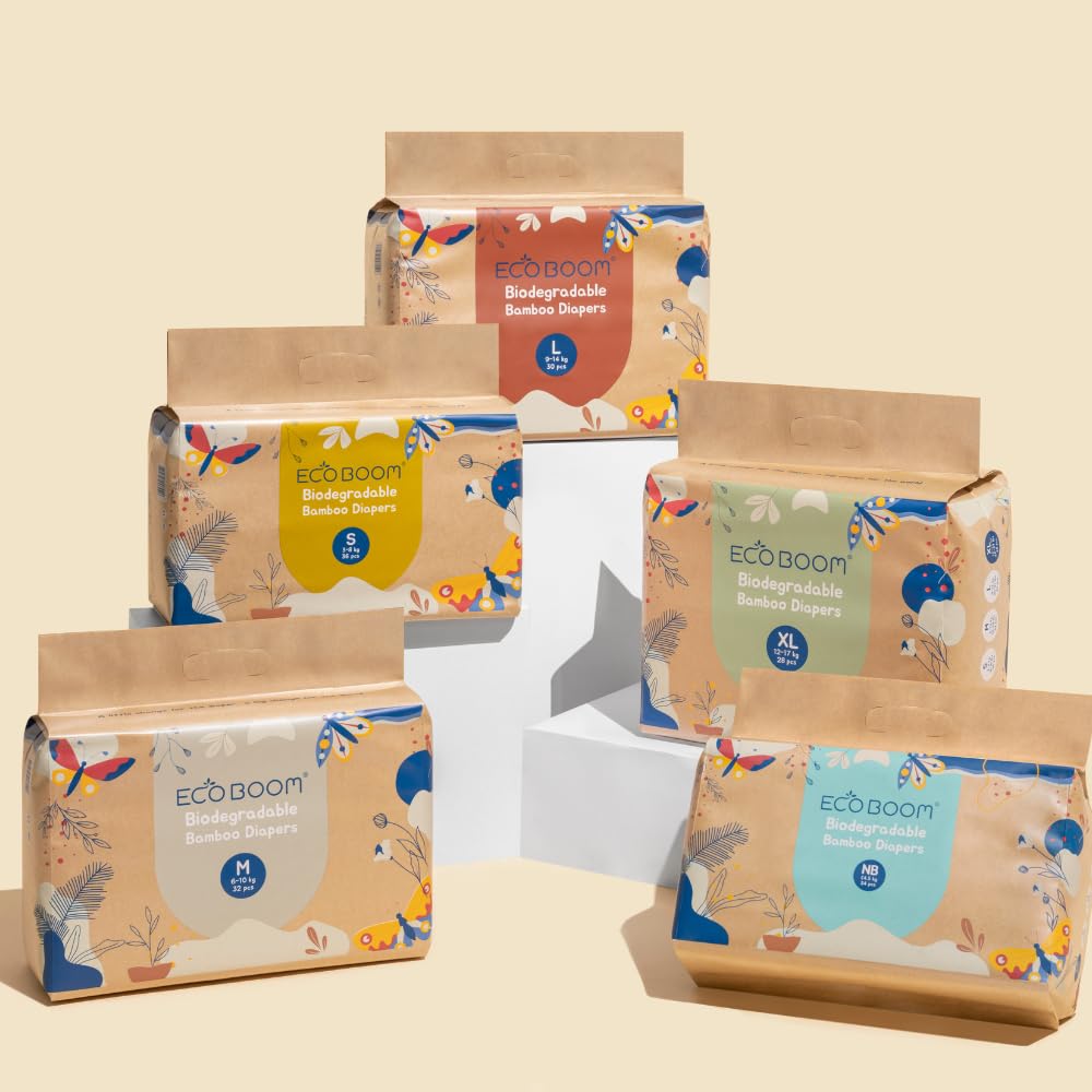 ECOBOOM JOY- Pañal Ecológico de BAMBÚ. 70% Biodegradable, Hipoalergénico (TALLA 3/M, 6-10 KG, PACK 4 BOLSAS - 128 pañales)
