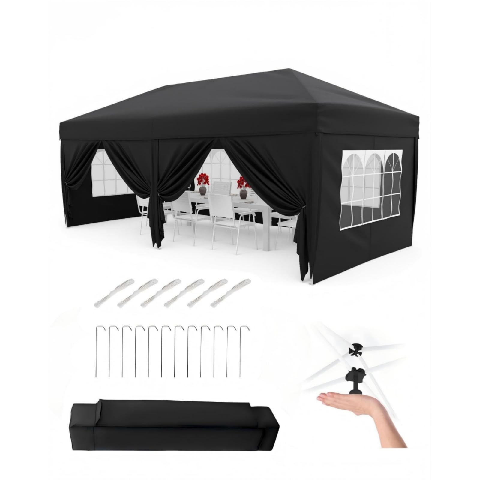 Heavy Duty 3x6m Pop Up Gazebo, 6 Removable Sidewalls, One-Touch Waterproof Outdoor Gazebo with Portable Carry Bag, 3 Adjustable Height, 4 Weight Bags, 8 Stakes & 6 Guy Ropes, for Camping, Black