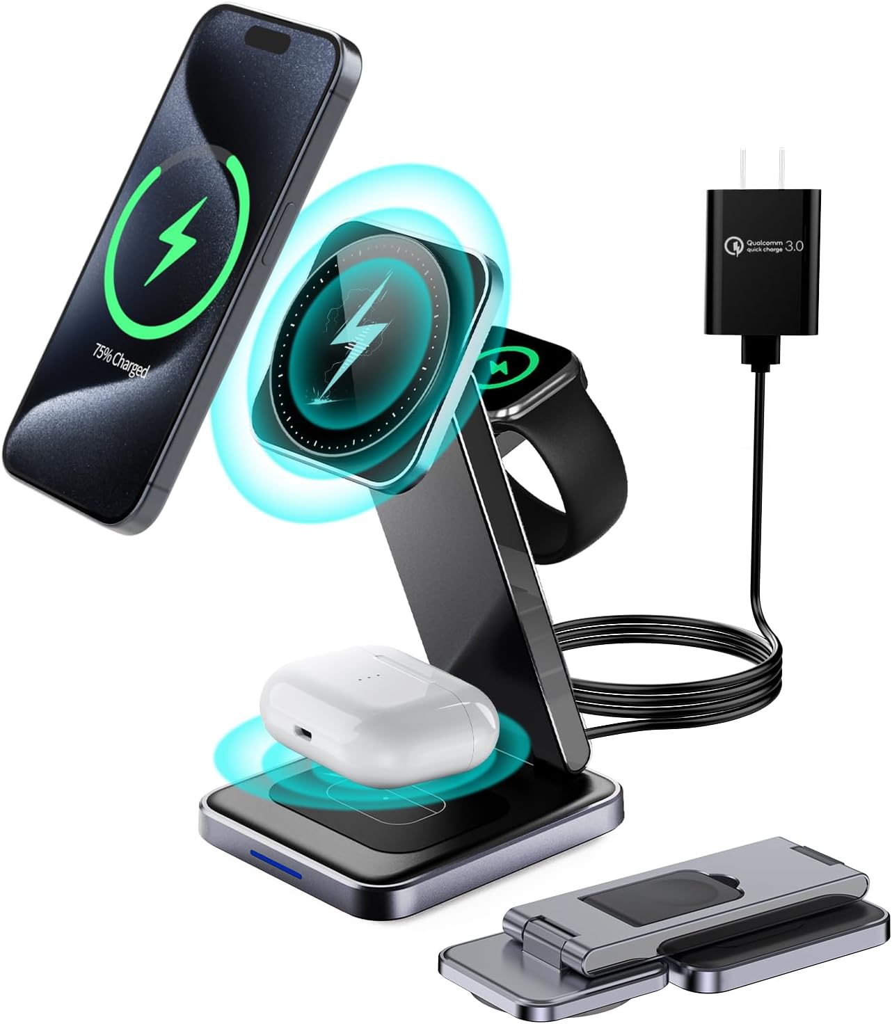 3 in 1 Magnetic Wireless Charger,Foldable Mag-Safe Wireless Charging Station for Apple Watch Series 10/9/Ultra 2/8/7/SE/SE2,Apple 16/15/14/13,Air-Pods 4/3/Pro/2 Mag Safe Charger Stand Dock(Black)