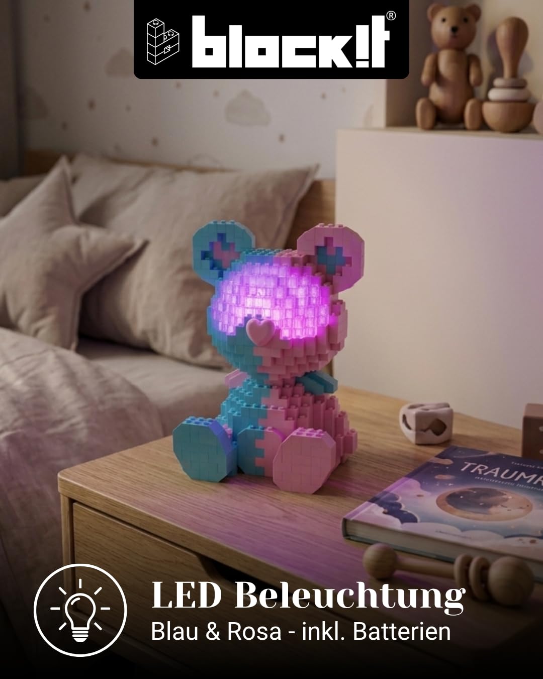 block!t Future Bear - Juego de bloques de sujeción 3D con LED dual, símbolo de esperanza y nuevos caminos, regalo significativo para adultos y niños