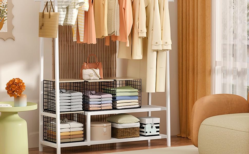 Miniatura 7 de 3 organizadores apilables de armario y almacenamiento, estantes con parte superior de madera, almacenamiento adicional, cesta organizadora de ropa,