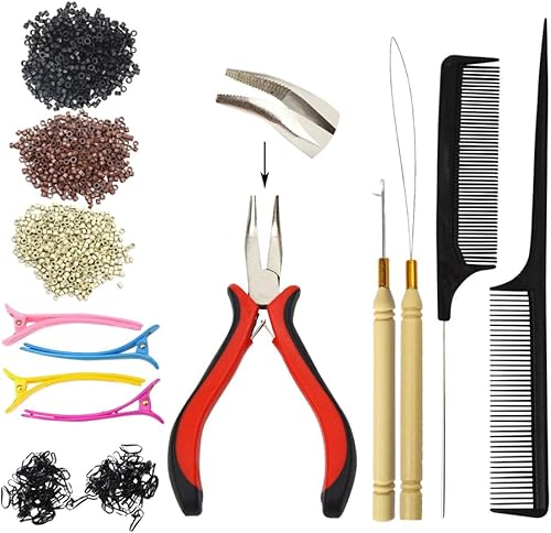 Kit de herramientas para extensiones de cabello 1500 cuentas de silicona con microforro (negro, marrón, rubio), enhebrador de aguja de bucle, aguja
