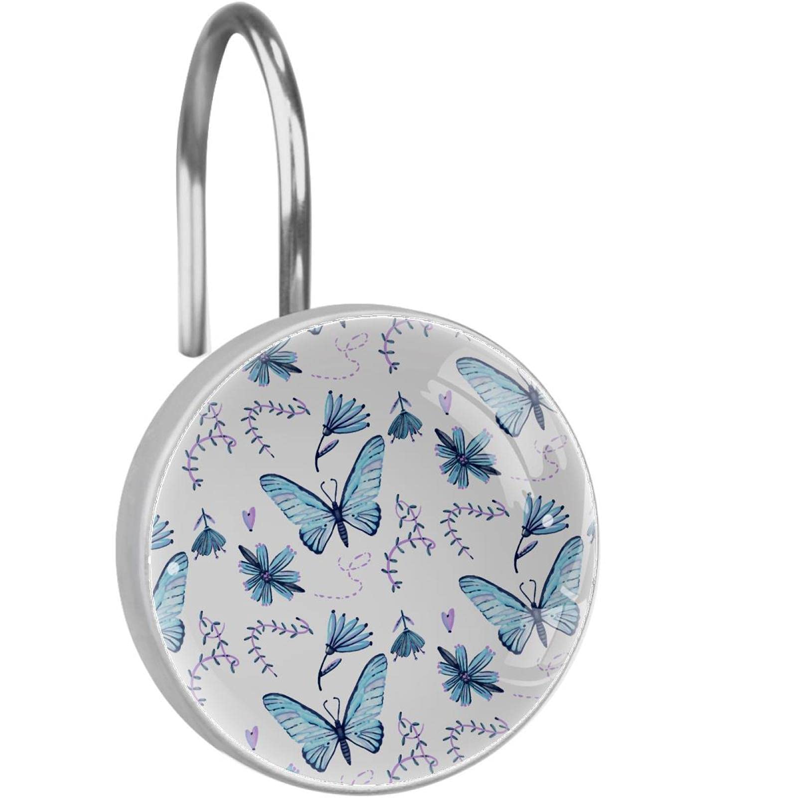 Crochets pour rideau de douche acier inoxydable anneaux salle de bain papillons fleurs