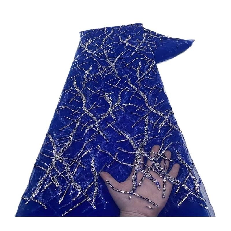 Tissu en dentelle avec perles bleu pour confectionner une robe de mariée orientale ou Cheongsam