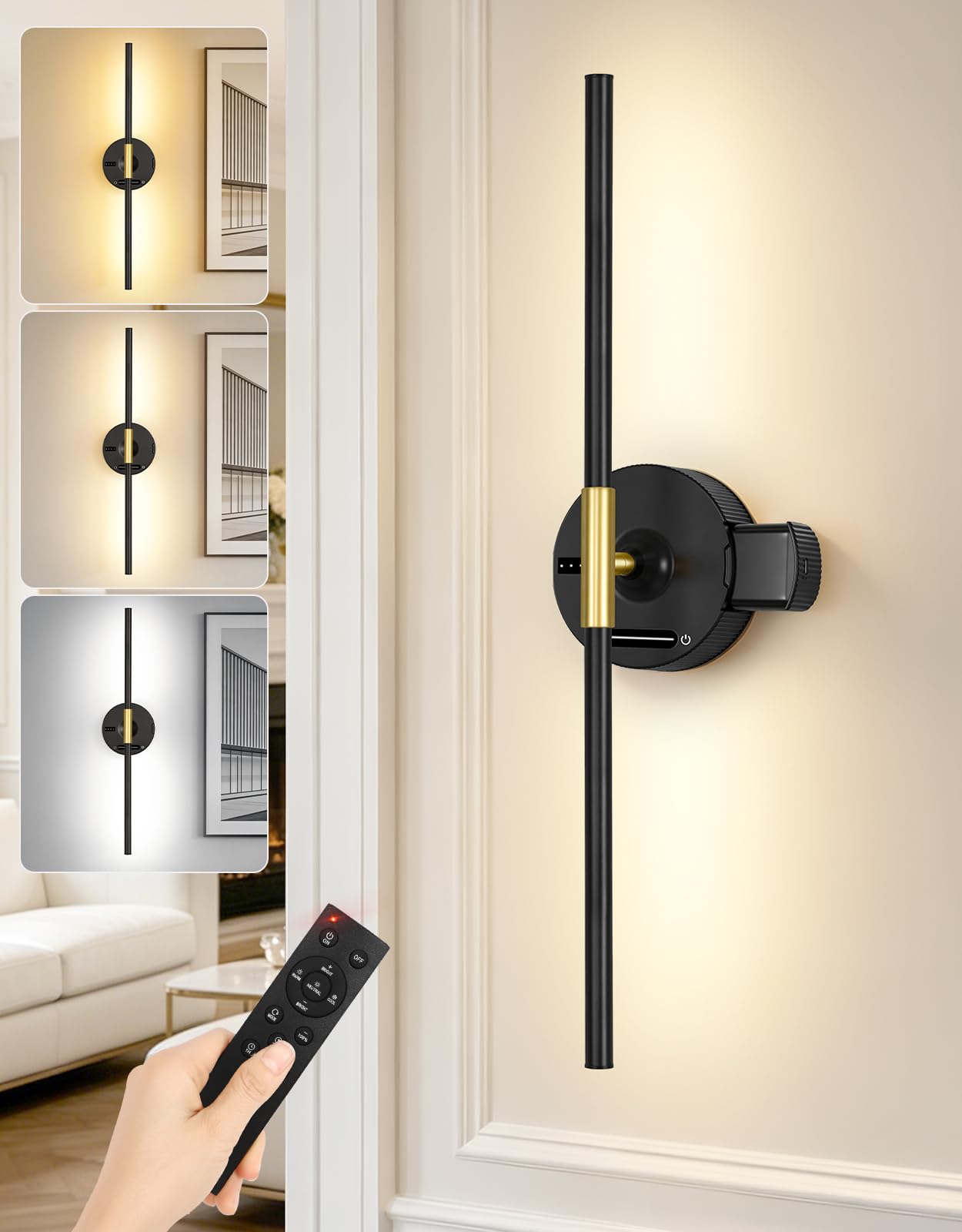 OUTON 8000mAh Rechargeable Battery Operated Wall Lights, 3 Colour Temperatures & Slide Dimmer, Touch & Remote, Power Indicator, Timer, 360° Rotation Wall Sconce for Living Room Bedroom Hallway, Black