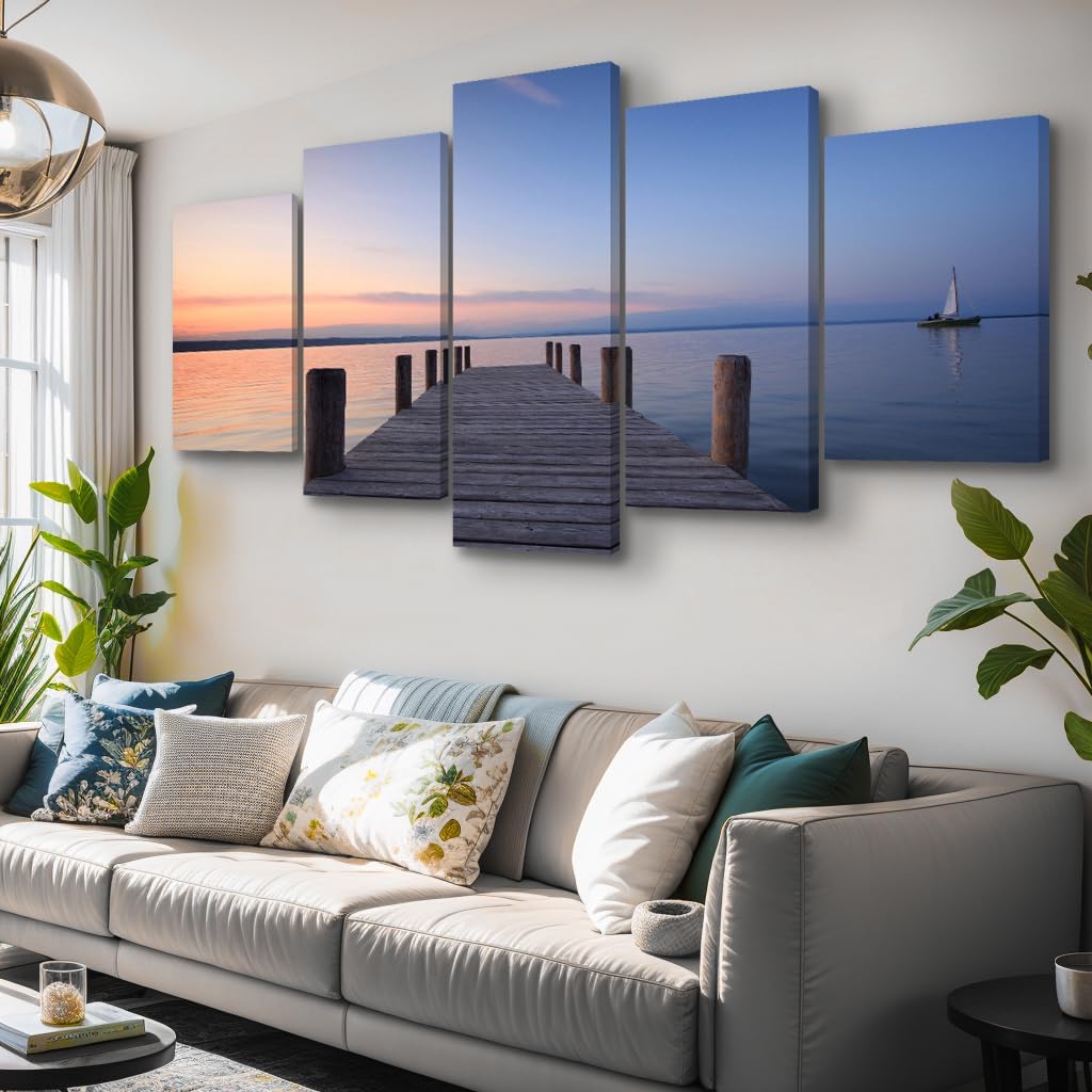 New York Brooklyn Bridge Moon Canvas Wall Art Night View 5 Panels Modern Landscape Artwork Canvas Prints Abstract Pictures to Photo Canvas Wall Decor for Home & Office Decorations