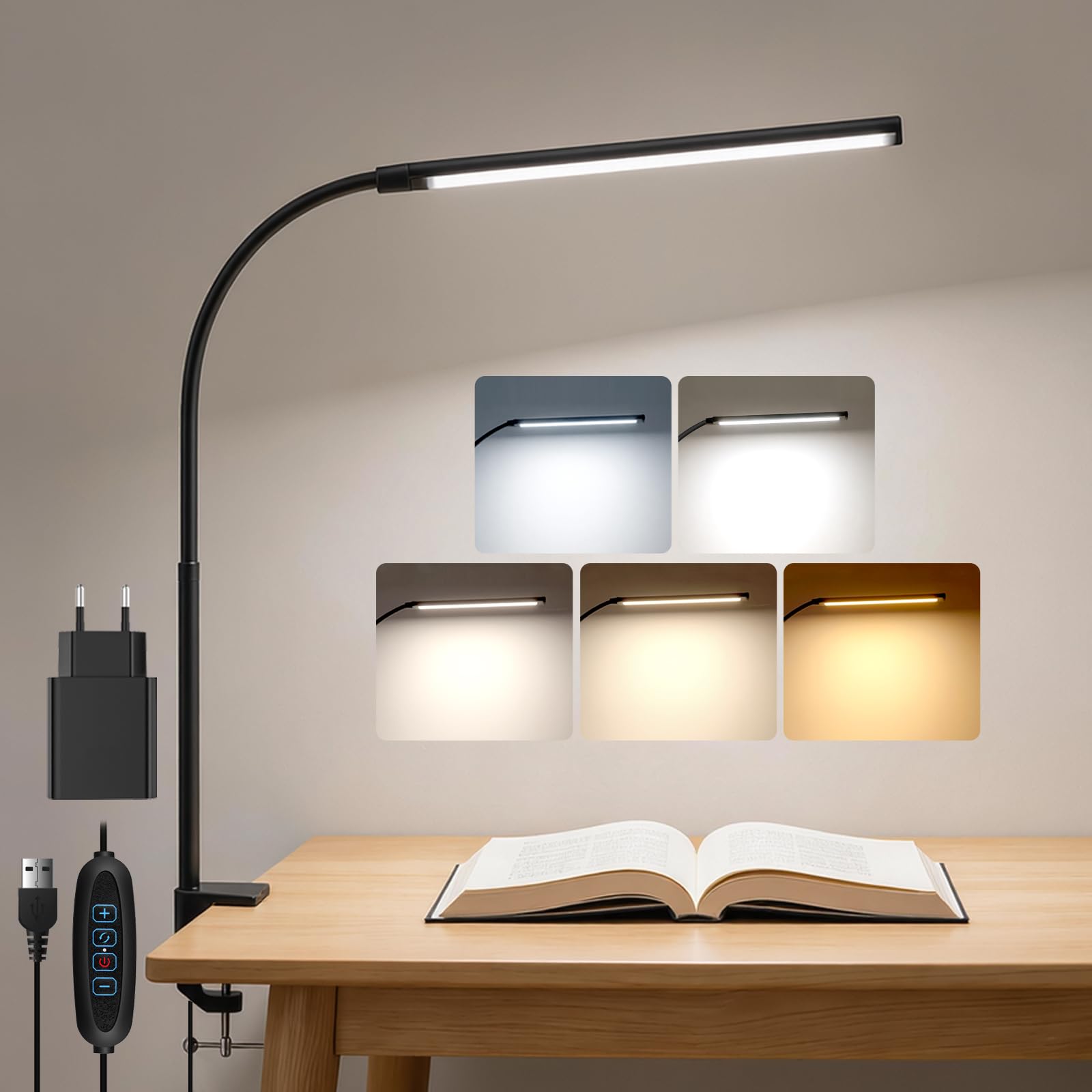 Akynite LED Schreibtischlampe Klemmbar mit Timer, 2A Adapter Enthalten, 5 Farbmodi 10 Helligkeit, USB-Anschluss mit Kabel, Lampe Schreibtisch Klemme, LED Schwanenhals Lampe Tisch, Schwarz