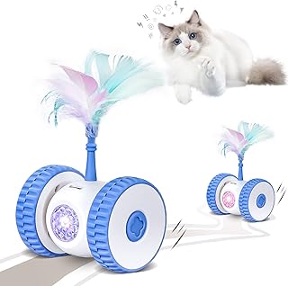 PTYR Automatic Cat Toys,Interactive Cat Toys for Indoor Cats with LED Lights and 2 Feathers,USB Rechargeable Moving Kitten Toys,Electric Cat Toys with Durable Wheels,Auto On/Off
