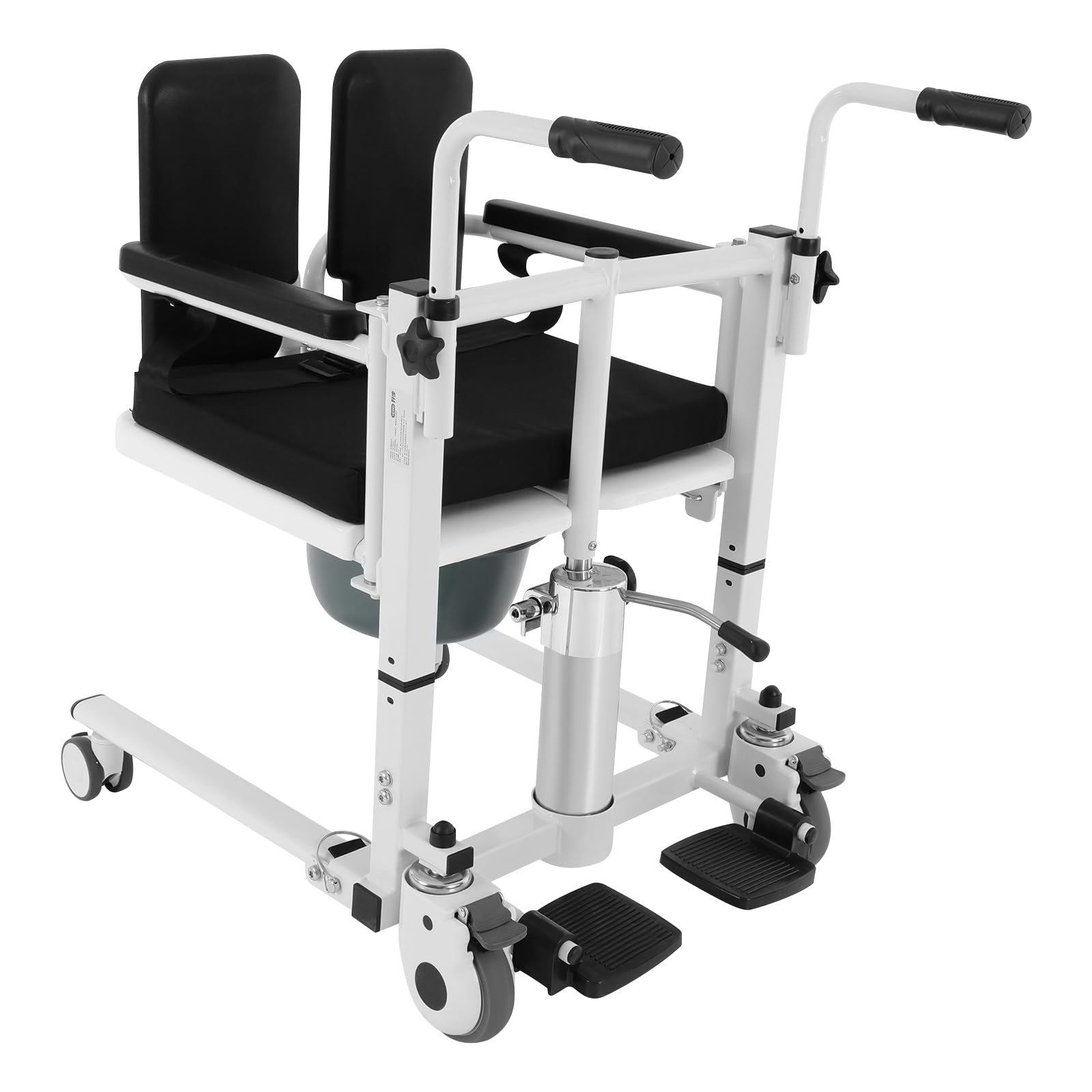 Silla elevadora hidráulica para pacientes mayores, altura regulable, reposabrazos de 3 niveles, respaldo de 180°, plegable, con ruedas y orinal, 150 kg