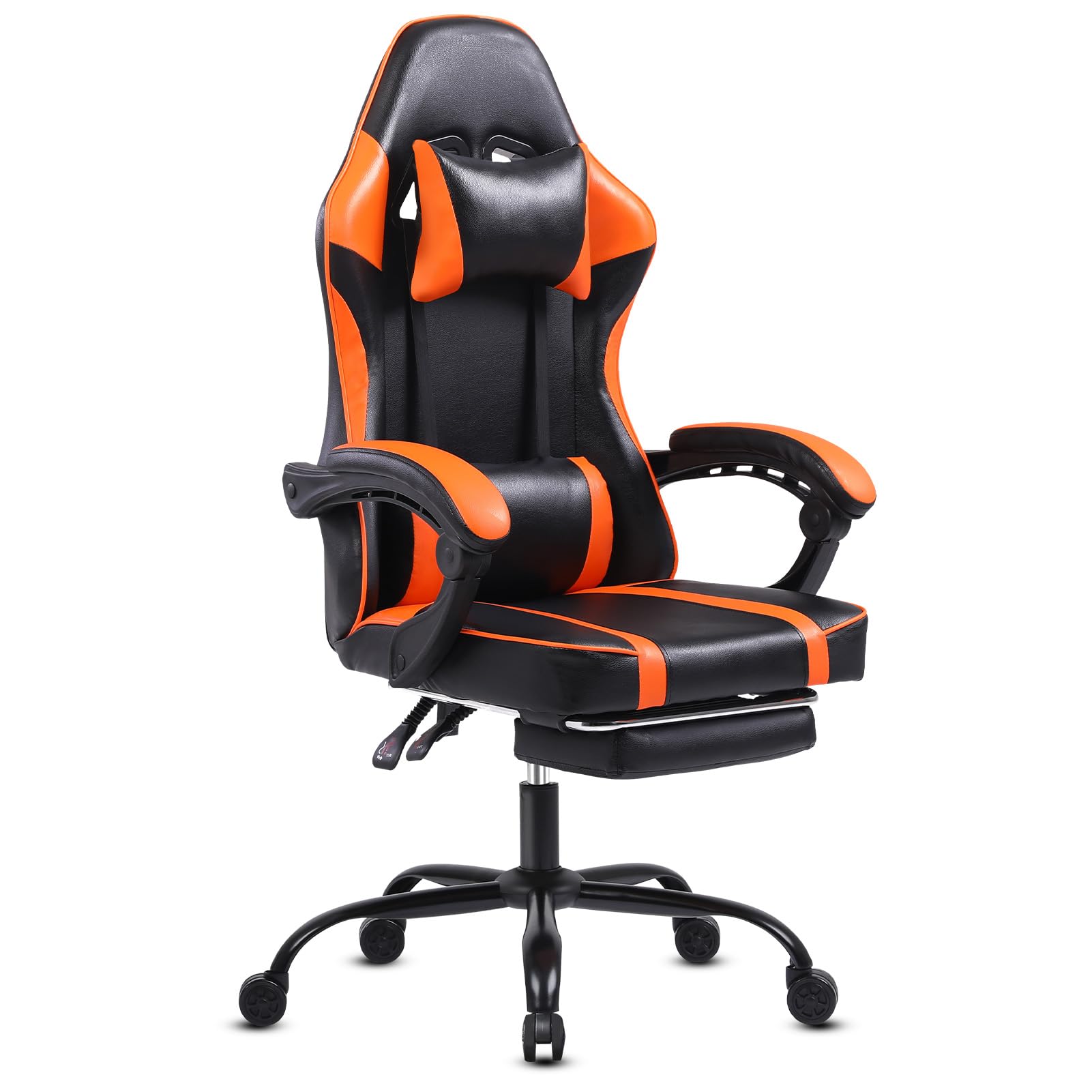 Gaming Chair with Pocket Springs and Footrest, Ergonomic Office Chair with Adjustable Lumbar Cushion, Gamer Chair (Fabric, Orange, Large)