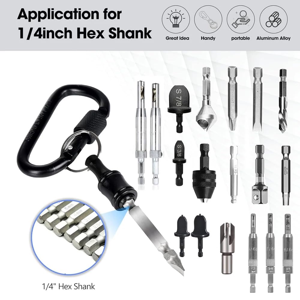 Aoyswuz 6 Pcs Drill Bit Holder Keychain Set 1/4 Inch Hex Shank Screwdriver Bits Holder Aluminum Alloy Quick-change Extension Bar Keychain(with Black Carabiner) - Image 3
