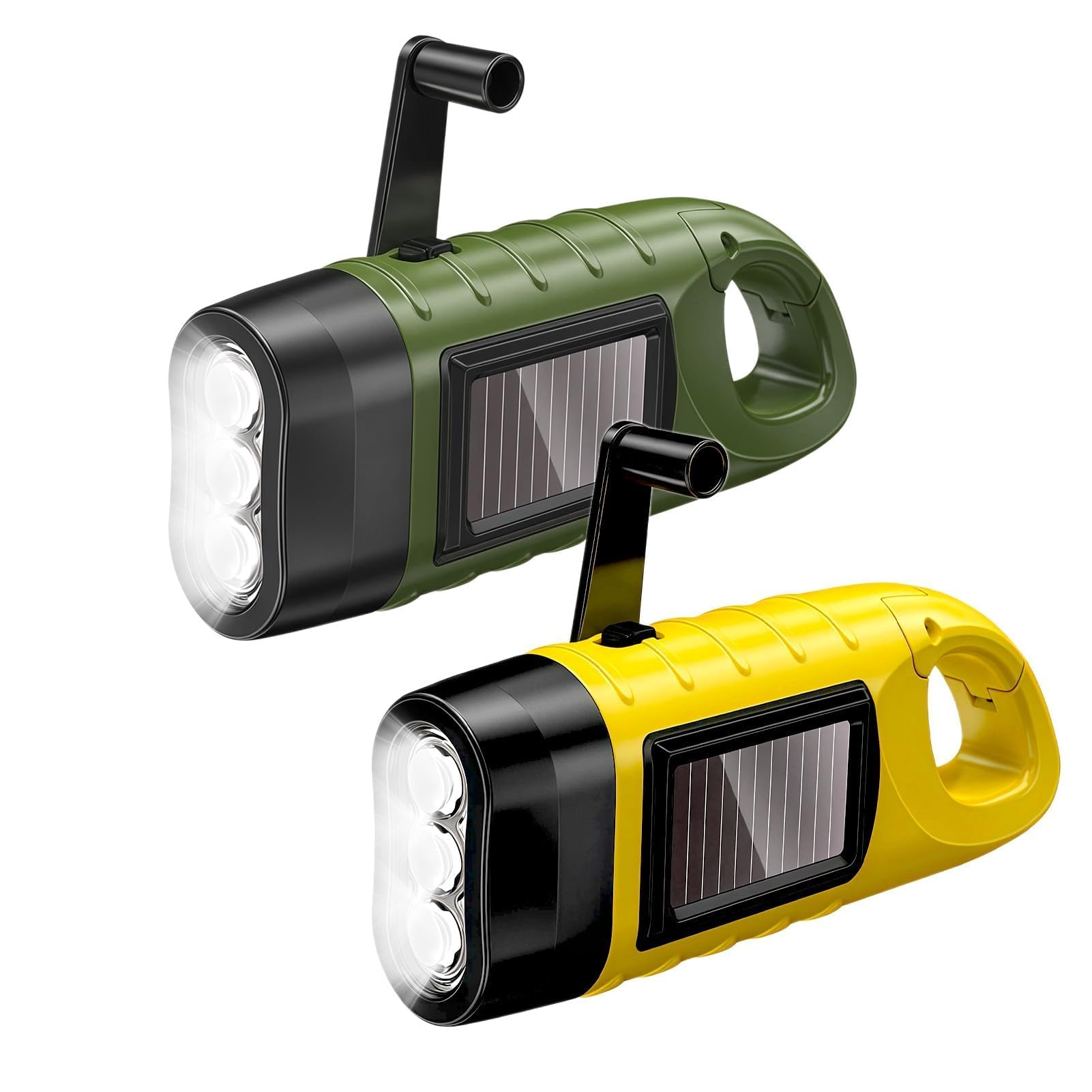2 Pack Wind Up Torch, LED Torch with Solar Power and Hand Crank, Emergency Light with Carabiner Hook Super Bright Portable Camping Light Emergency Flashlight for Hiking, Outdoor Survival Gear