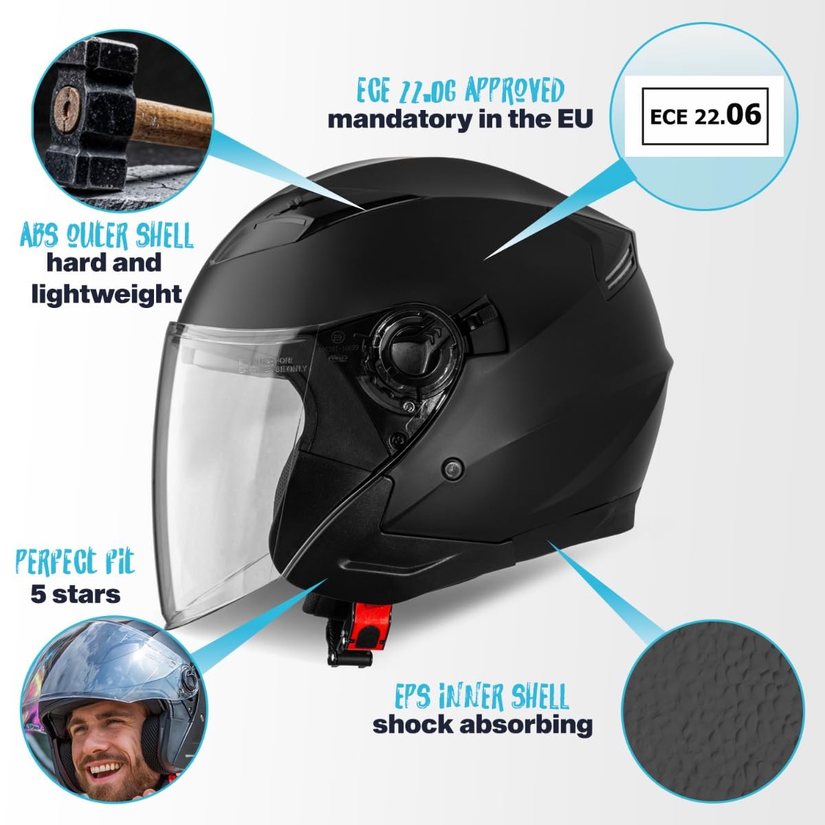 VINZ Calobra Jethelm mit Sonnenblende und Visier | Roller Helm Motorradhelm | ECE 22.06 Zertifiziert | in Gr. XS-XXL