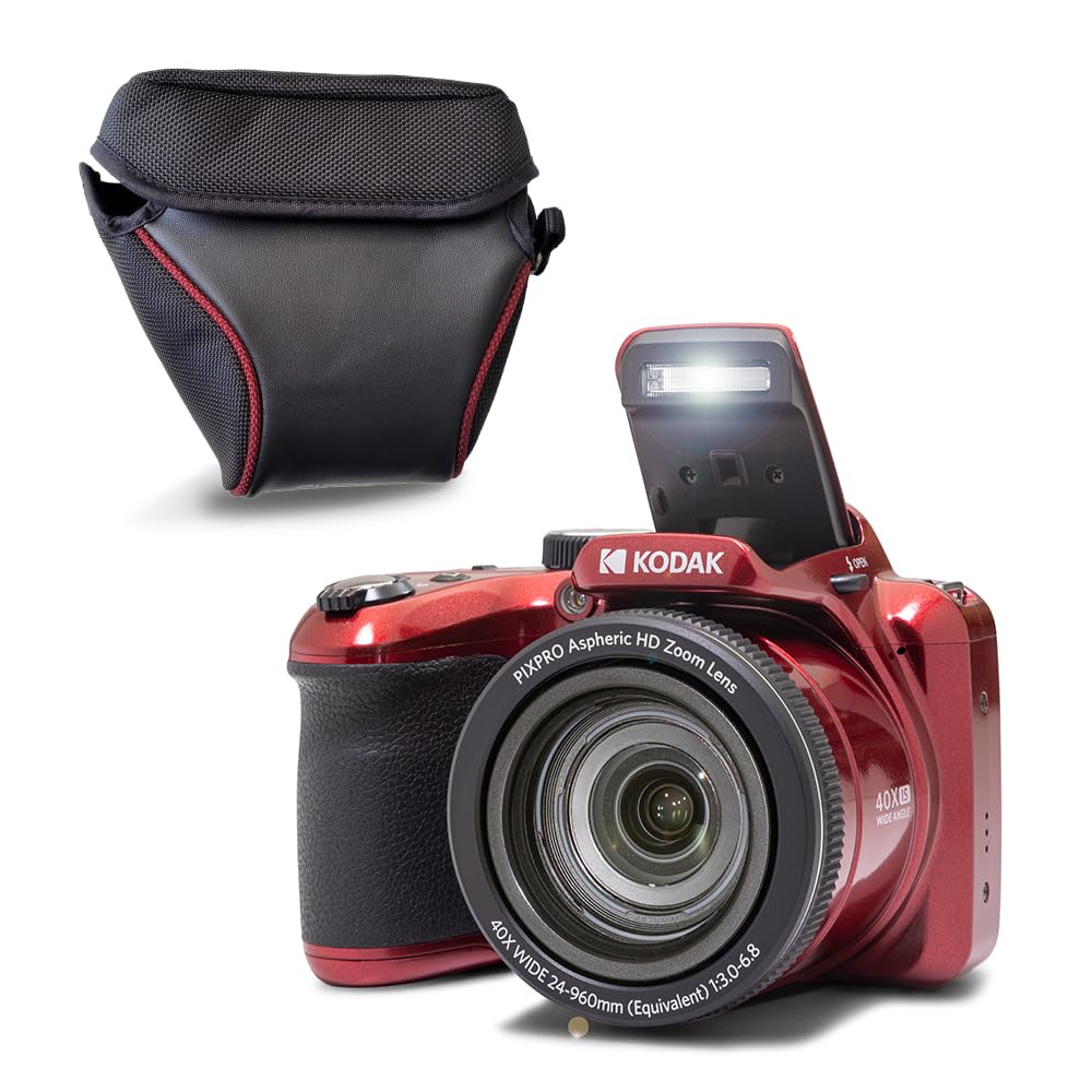 KODAK Pixpro Astro Zoom AZ405 + Funda Protectora - Cámara Digital Bridge, Zoom X40, Gran Angular de 24 mm, 20 megapíxeles, LCD 3, vídeo Full HD 1080p, OIS, Pila AA - Rojo