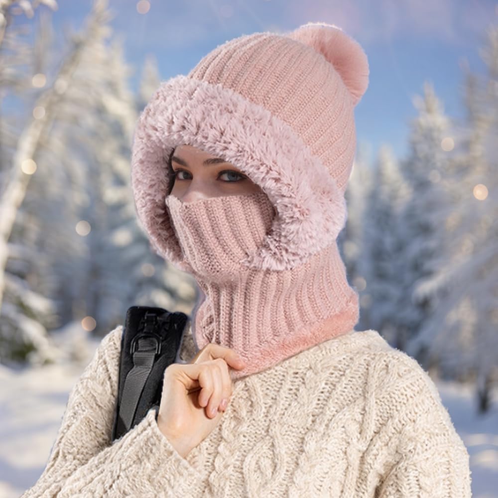 3 in 1 Beanie Hat with Scarf and Mask, Knitted Balaclava Hats, Windproof One Size Hat and Scarf Set for Women