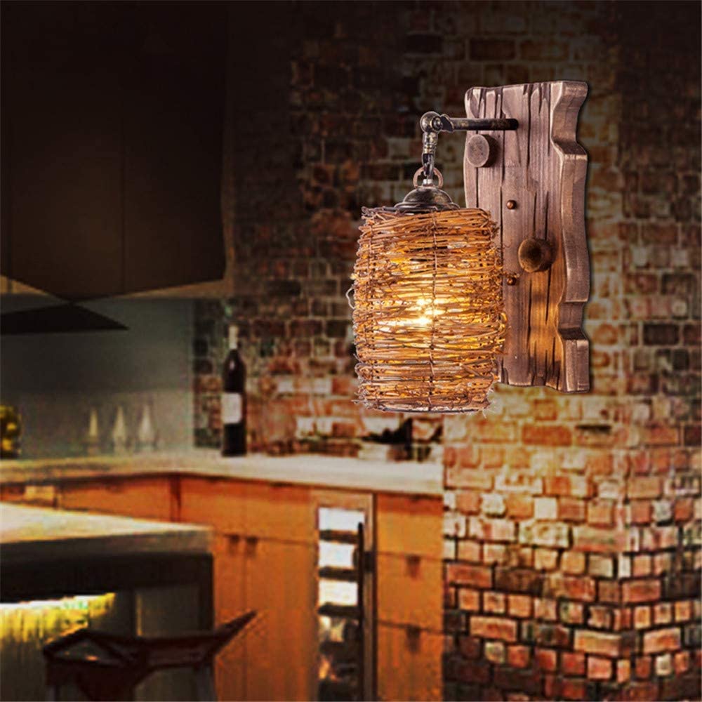 Applique Murale Industrielle En Bois Réglable Intérieur Downlighter Bambou Tissé À La Main Évider Abat-Jour E27 Support En Métal Loft Lanterne Applique Murale Chevet Salon Chambres Café Rétro Edison