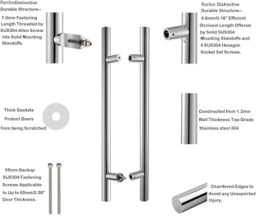 Miniatura 9 de Ranbo Manija de puerta de acero inoxidable 304 resistente de grado comercial de 12 pulgadas, tirador de puerta de granero, tirador de vidrio,