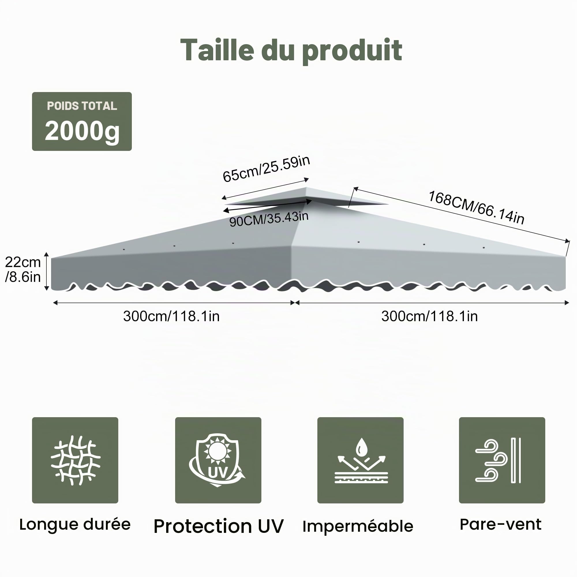 Toit de Remplacement pour Pavillon Pliant 3x3, Double Toit Imperméable avec Bord Ondulé et Protection UV UPF50+, Couverture Pergola Ventilée pour Jardin, Terrasse et Camping
