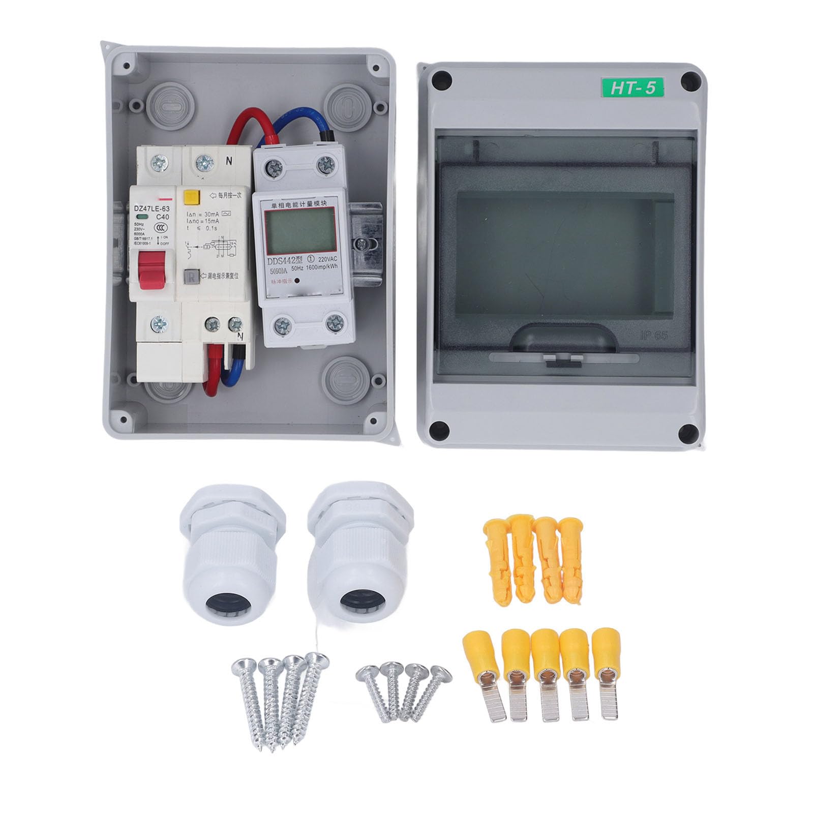 Buachois Caja de Distribución, 2 Vías, IP65, PC, 230VAC 40A, con Interruptor de Fuga y Medidor, para Garaje Taller