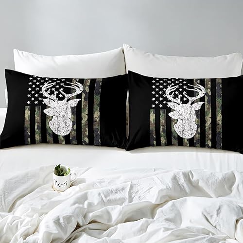 Miniatura 4 de Juego de ropa de cama de camuflaje verde militar, tamaño King, funda de edredón de caza de ciervos y camuflaje con bandera estadounidense, funda de