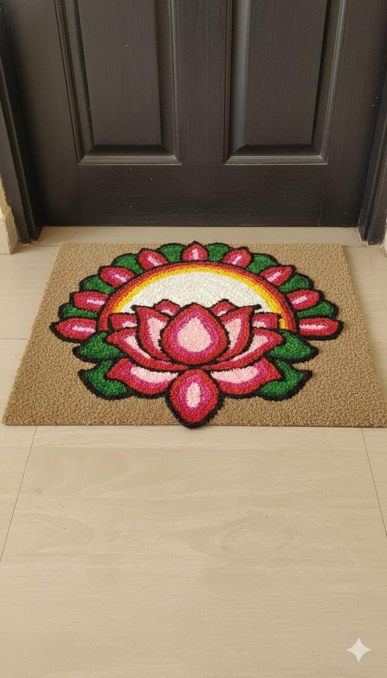Handmade Floral Rangoli Mat, 2x2 Feet, Decorative Floor Mat with Lotus Design