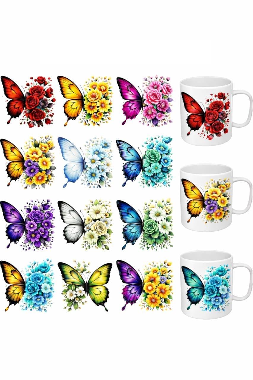 UV DTF Cup Wraps Transfer Stickers, Butterfly Floral Design, Waterproof Decals, 6.35x6.35 cm, for Mugs, Water Bottles, Laptops