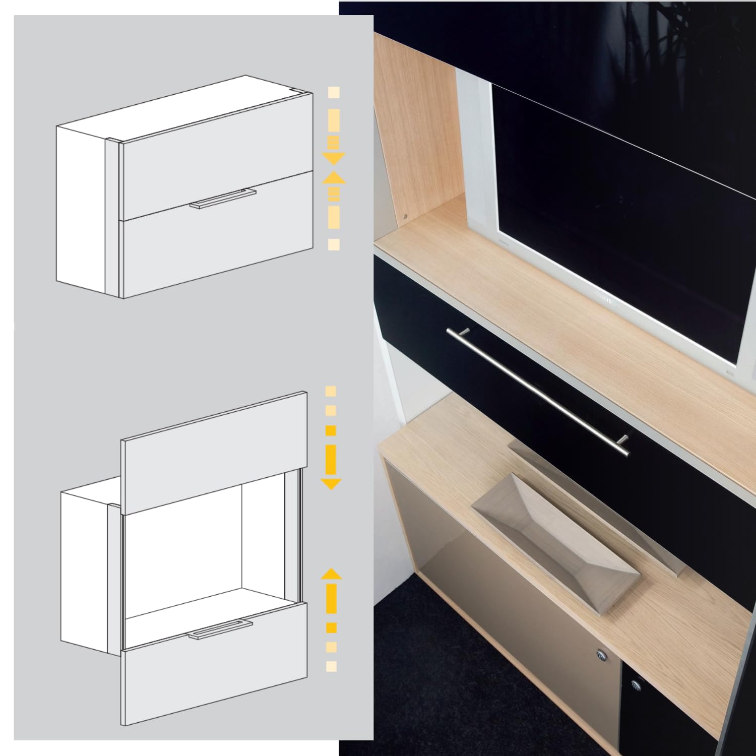 Evotrade Sistema deslizante VERTIKAL Indaux para 2 puertas, movimiento sincronizado con cierre suave amortiguado para módulos con altura 600 mm y 700 mm (1/2, 600)