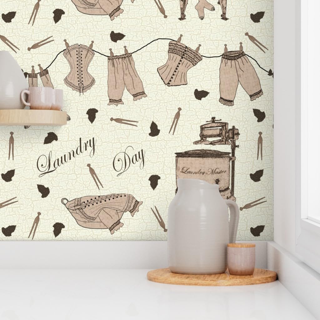 Spoonflower Removable Wallpaper 12ft x 2ft - Vintage Laundry Day Technology Geek Retro Machine Custom Pre-Pasted Wallpaper