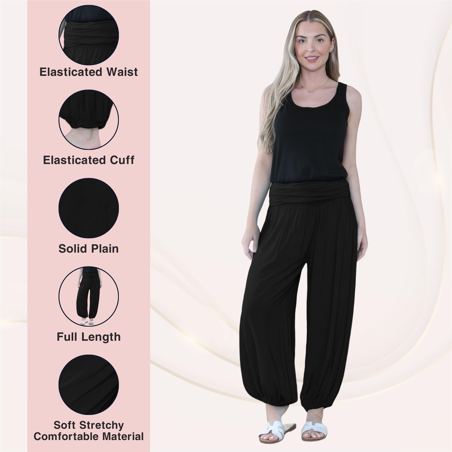 Pantaloni harem larghi da donna italiani Alibaba, comodi ed eleganti, vestibilità larga, pantaloni harem da donna UK | Pantaloni estivi perfetti per le donne UK, Nero , Taglia unica