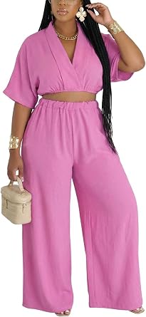 Choichic 2 Piece Sets for Women Batwing Sleeve Crop Top Wide Leg Pants Set