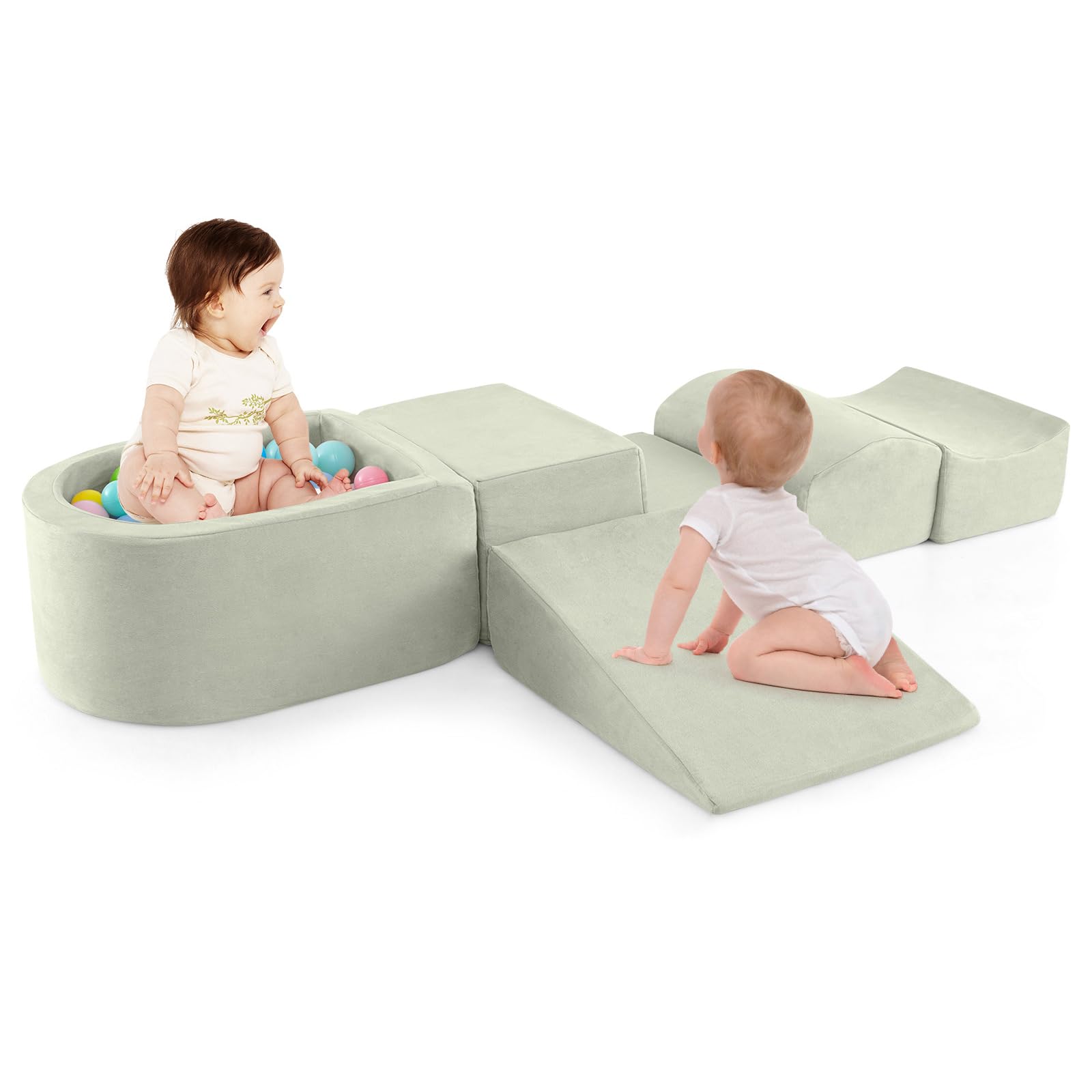 GYMAX Soft Play Equipment, 5 Pieces Kids Activity Set with Ball Pit, Baby Soft Foam Blocks Interactive Toy Foam Climbing Block Play Set for Toddlers (Green)