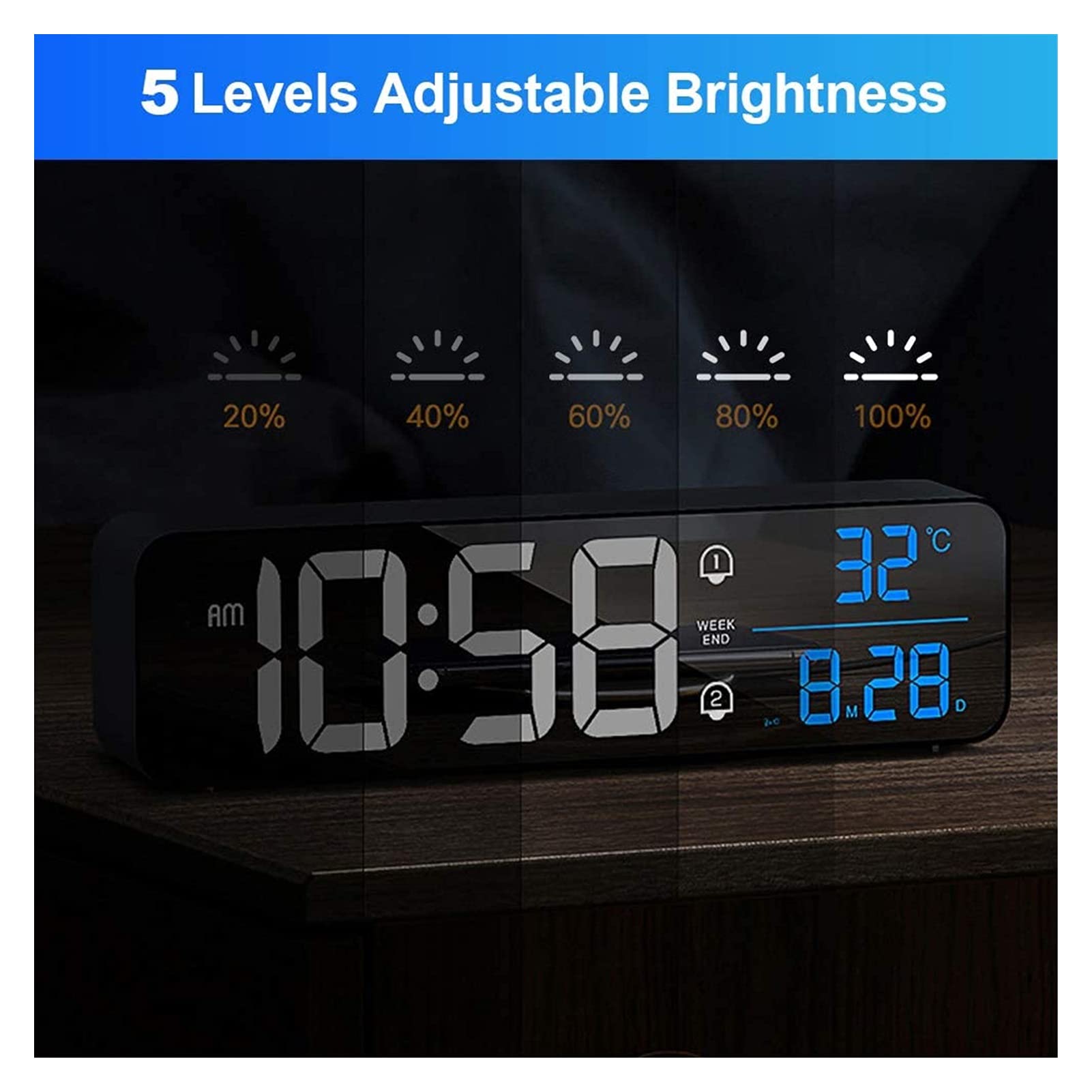 Budzik do sypialni Aceshop 10.4" DOPROWADZIŁO Mirror Bedside Clock Akumulator elektryczny budzik z temperaturą i datą, 40 Muzyka, Dual Alarm, Snooze, 5 Jasność Ściemniana, do Home Office Travel