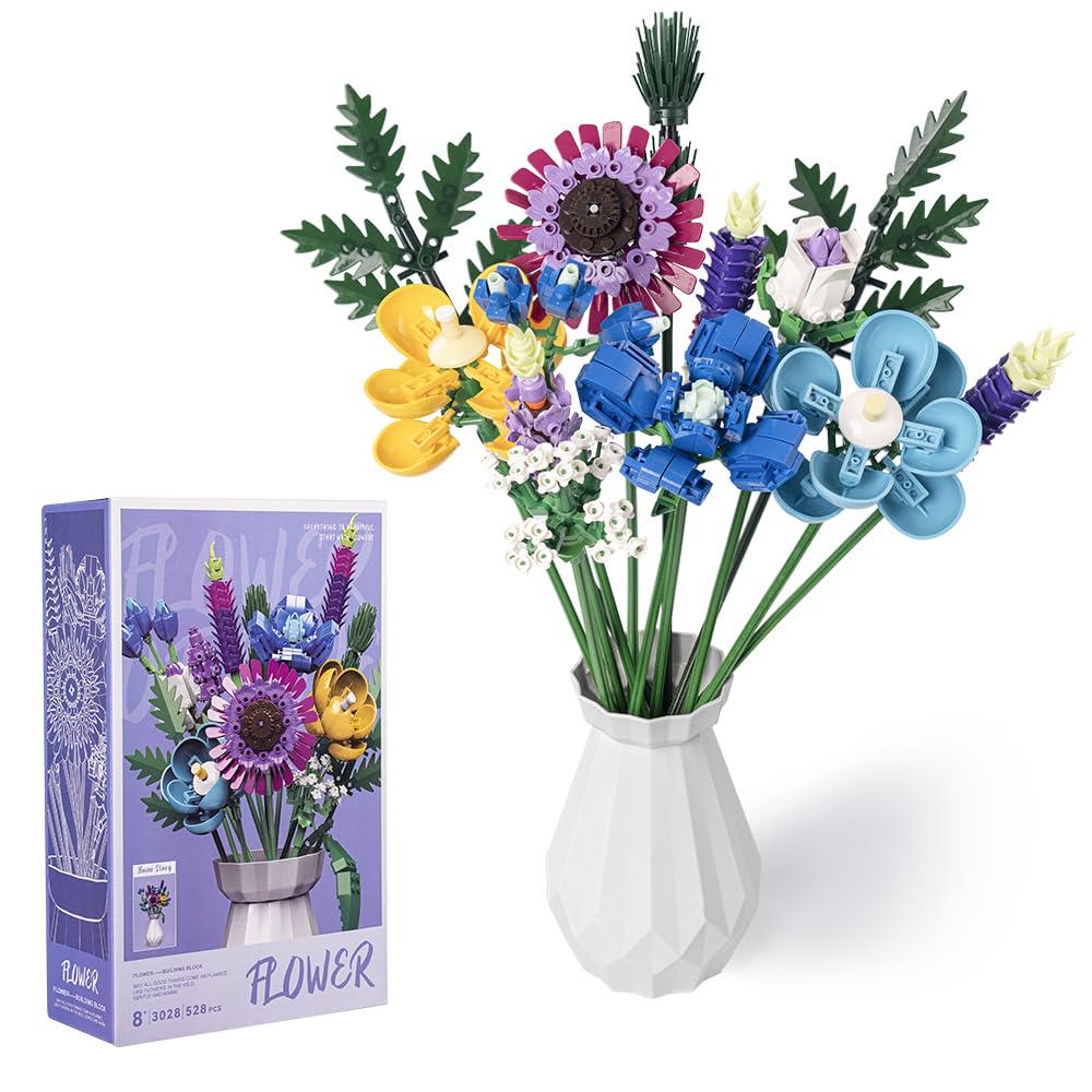 Yuandream Bloques de Construcción de Ramo de Flores de Jarrón, 528 PCS Decoración del Hogar Plantas Artificiales, Flores Artificiales Regalos para Mujer y Hombre de Navidad (Morado)