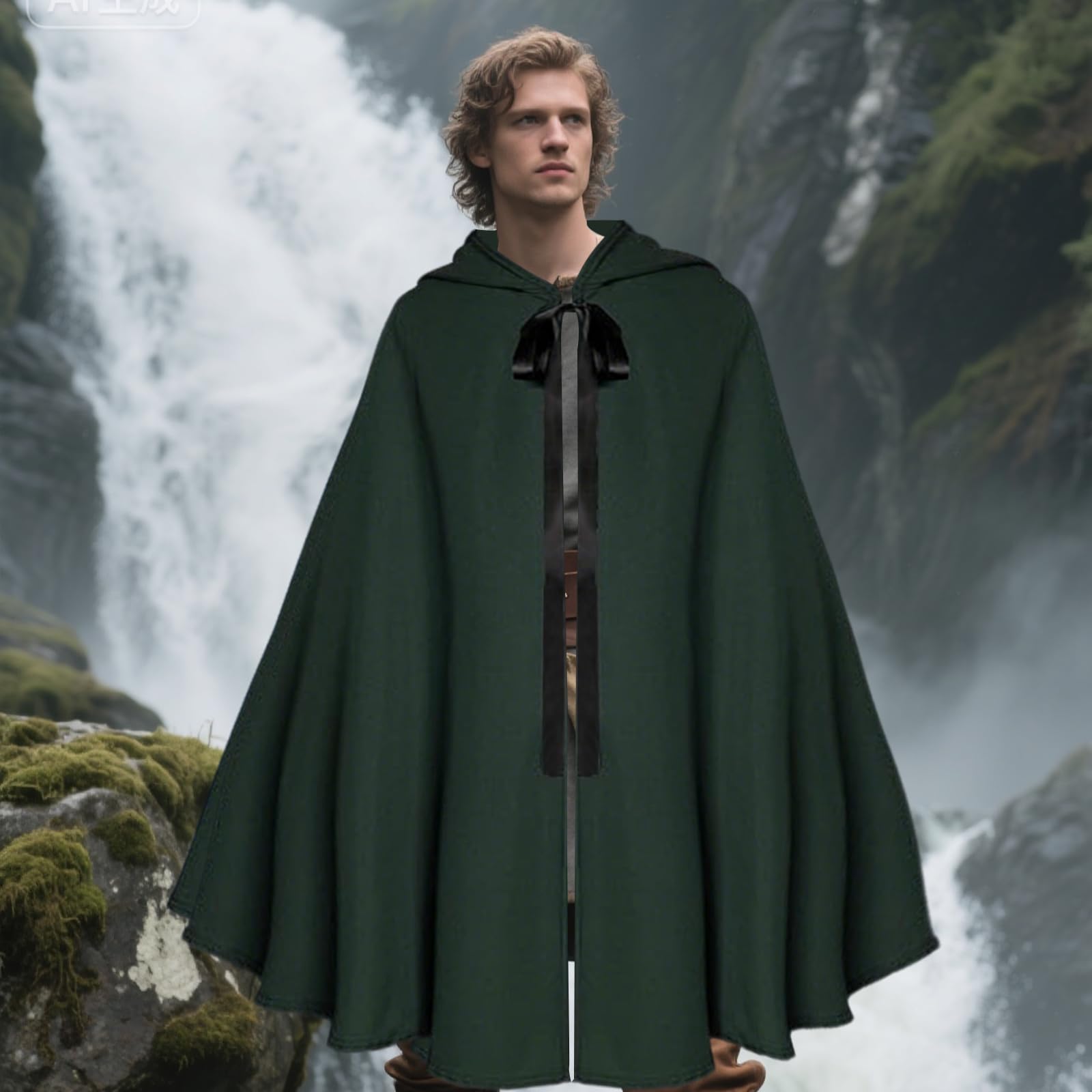 Fgdui 1PCS Green Cloak Hobbit Costume Medieval Cloak Renaissance Hooded Coat Medieval Cape Men's Hooded Coat for Halloween Costume - Image 4