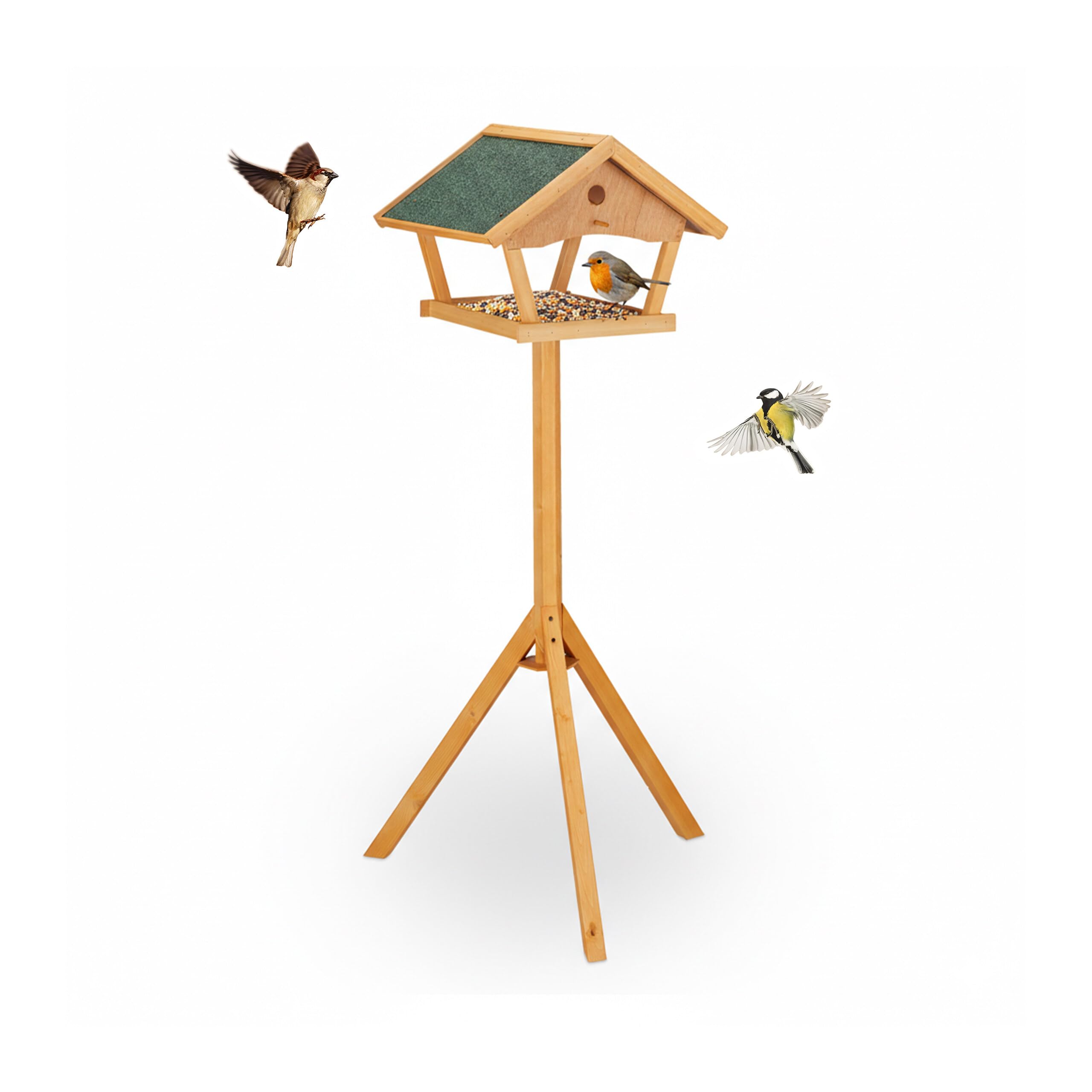 Relaxdays bird feeder with stand, 137 cm high, weatherproof roof, garden & terrace, birdhouse, fir wood, orange