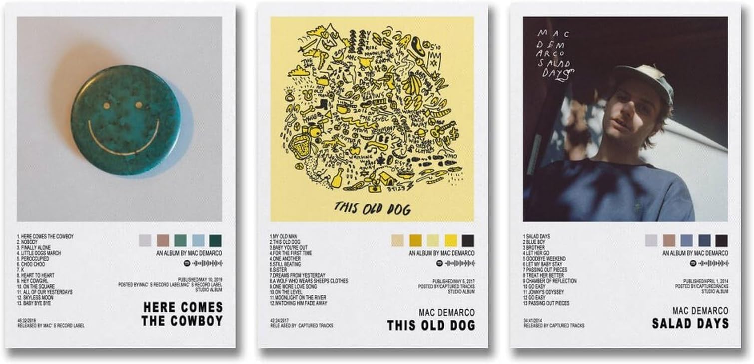 AmNooL 3 PCS Mac Demarco Album Cover Poster Set - This Old Dog, Salad Days - Canvas Wall Art - Blue, White, Green - 08x12inch - Bedroom, Bathroom, Living Room