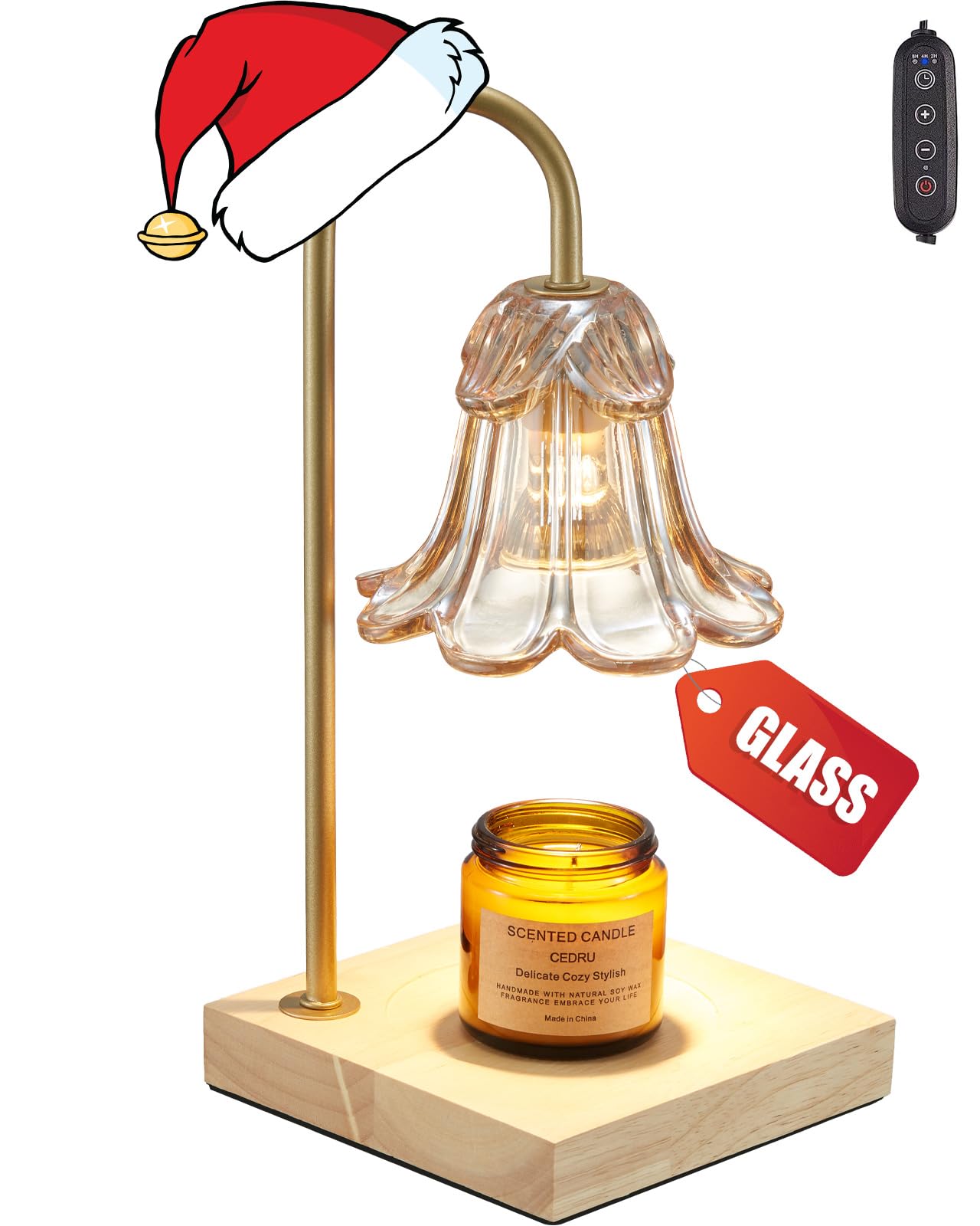 keymit Candle Warmer Lamp with Timer for Jar Candles, Glass Gold Modern Electric Dimmable Wax Melter Lamps, Flower Lampshade Candle Lamps for Home Decor, Soy Wax Candles,2 Bulb Included