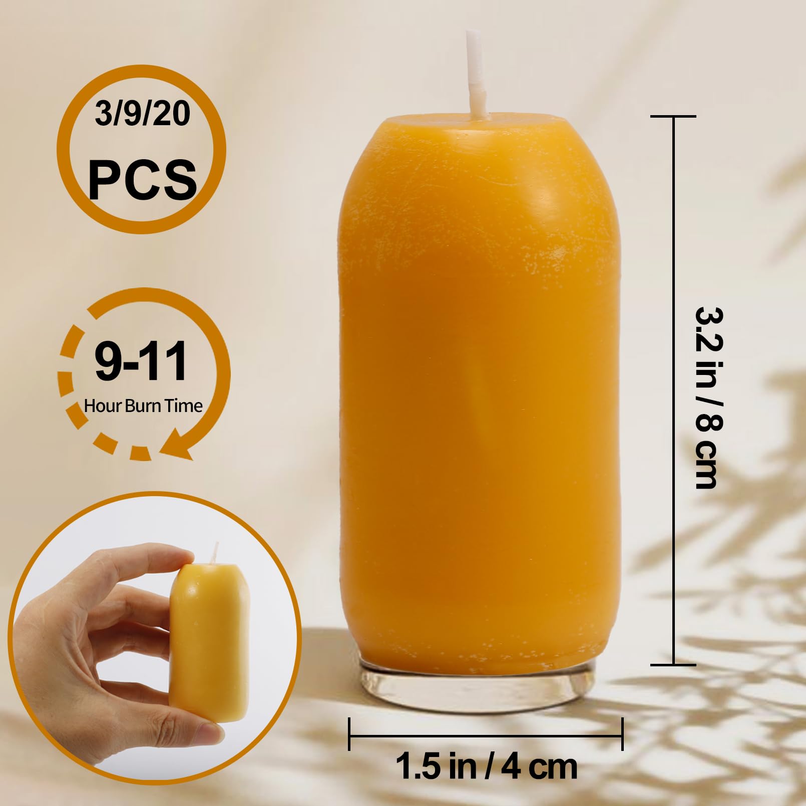 CACASO 9 Pcs Beeswax Pillar Candles,Natural Beeswax Candles Long Burning (9 Hours),Pure Beeswax Candles for Home Decoration,Outdoor,Parties,Camping(Yellow,3.2