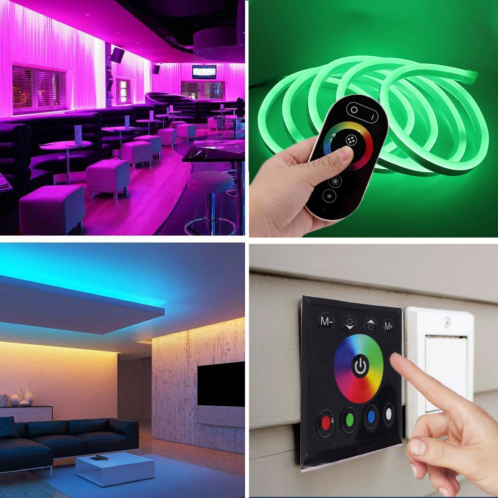 XUNATA Luz de Neón Tira de LED RGB de 220V con kit de Control de Panel Táctil y Remoto, Impermeable Flexible de 5050 LED Tira de neón- 5 Metros