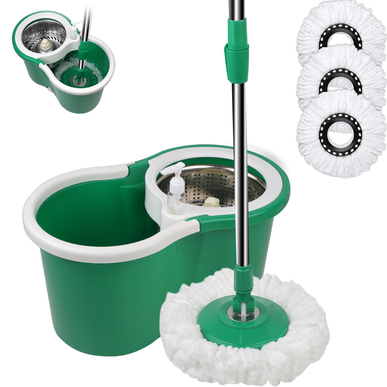 Mopa giratoria y cubo con juego de escurridor, sistema de cubo giratorio de 360° con 3 cabezales de repuesto de fregona de microfibra, mango ajustable para limpieza de suelos (verde)
