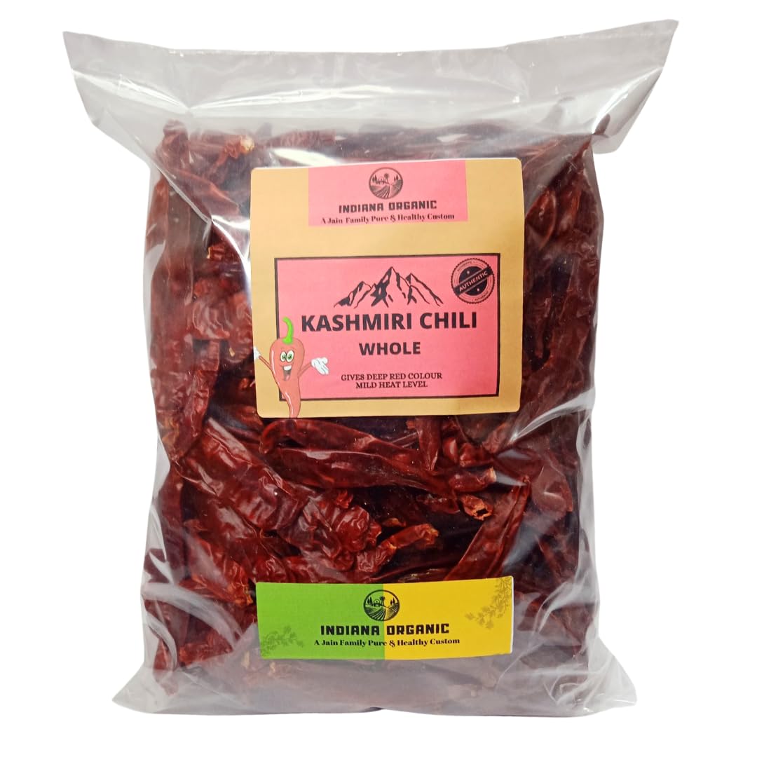 Indiana organic Kashmiri Red Chilli Whole Stemless | sabut kashmiri lal mirch whole | Deep Red Colour, Mild Flavor - 400 Gram